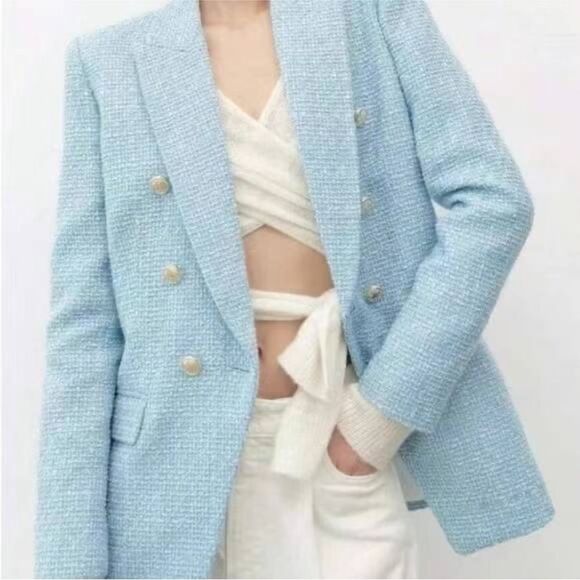Jason Wu baby blue tweed double breasted blazer gold buttons s small - Picture 1 of 5